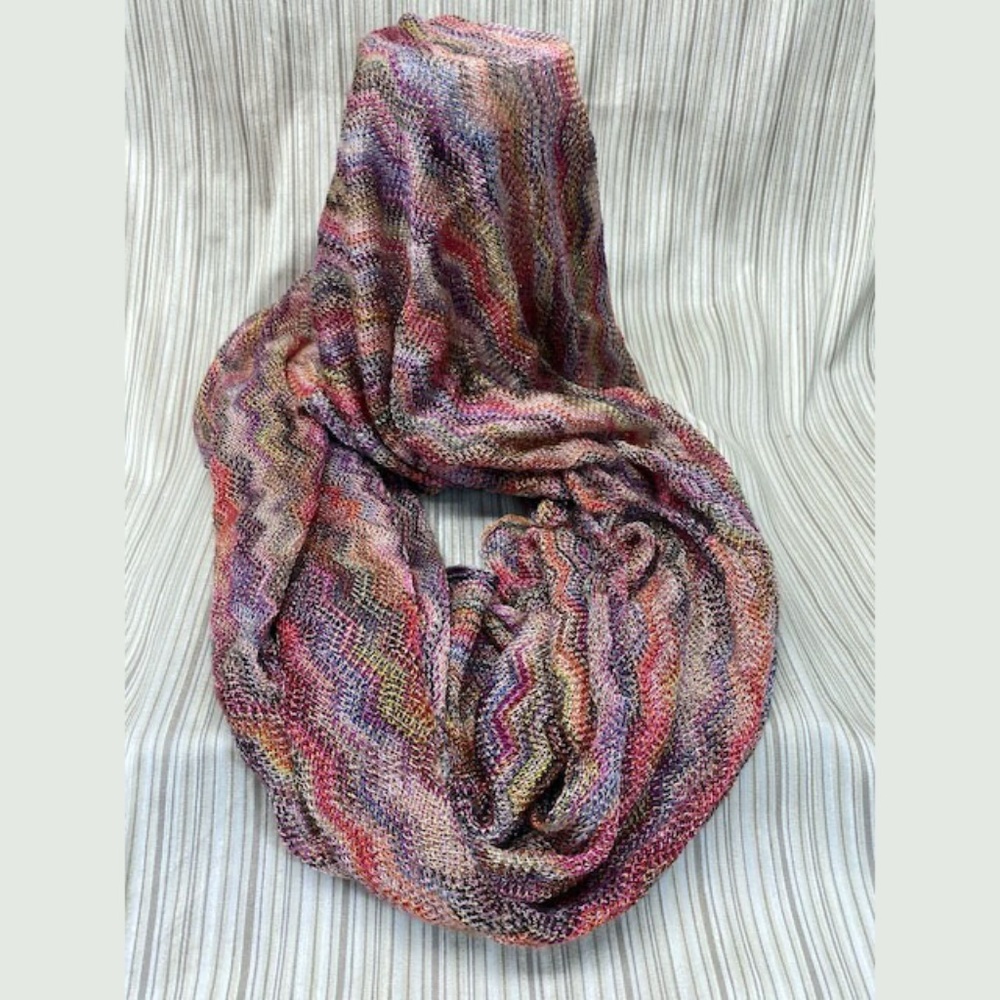Lightweight Infinity Scarf, rayon & gold metallic threads, pink hues